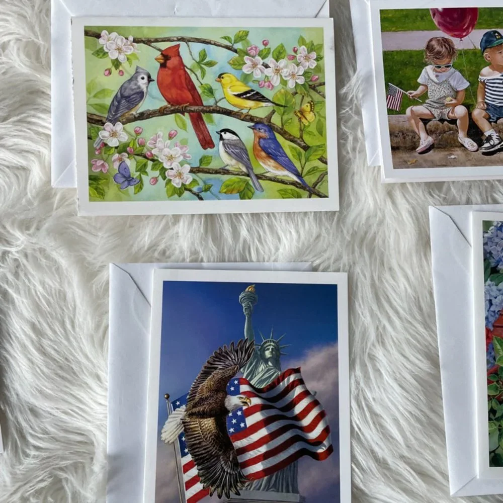 20 Patriotic cards, 30 envelope seals, 5 large notepads, 2 small notepads